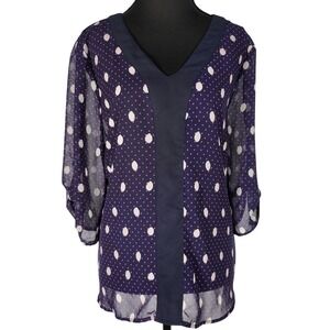 Ivestments‎ Polka Dot Blouse Sheer 3/4 Sleeve V-Neck Top Size PL
